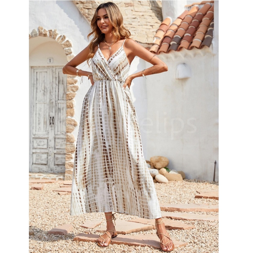 Tie Dye White Beige Tan V-Neck Cami Dress Maxi Flared Long Surplice Overlapping - Picture 4 of 10